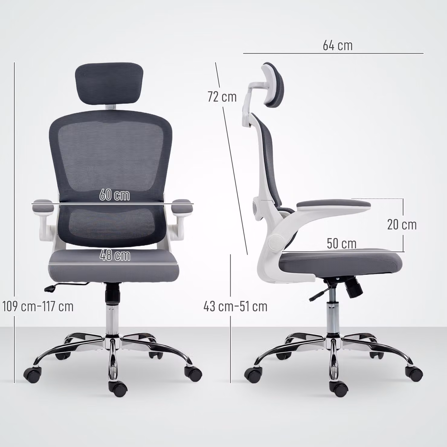 HOMCOM Modern Grey Mesh Back Task Chair with Headrest, Armrests and Lumbar Support, W/D/H: 60 x 43 x 120 cm – 3