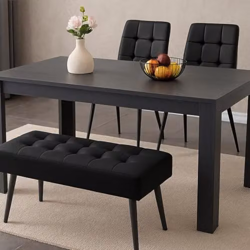KOSY KOALA Modern Dining Set with Rectangular Dark Grey Table, 2 Black Velvet Chairs and 1 Velvet Bench, W/D/H: 140 x 80 x 75 cm