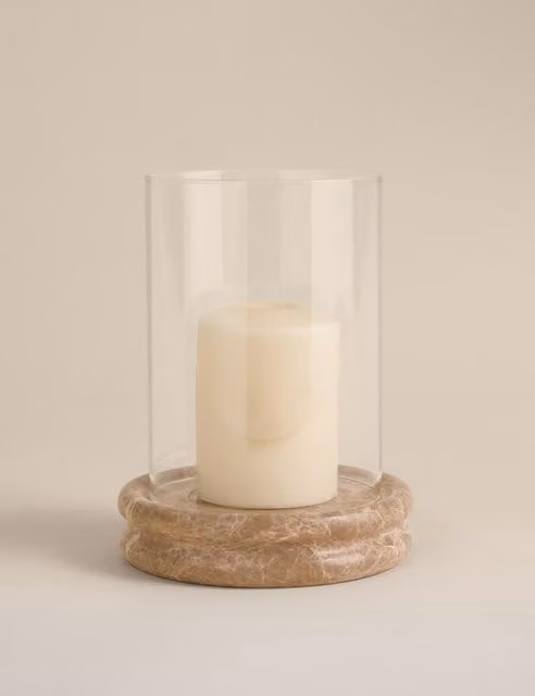 M&S Marble Hurricane Pillar Candle Holder in White and Beige