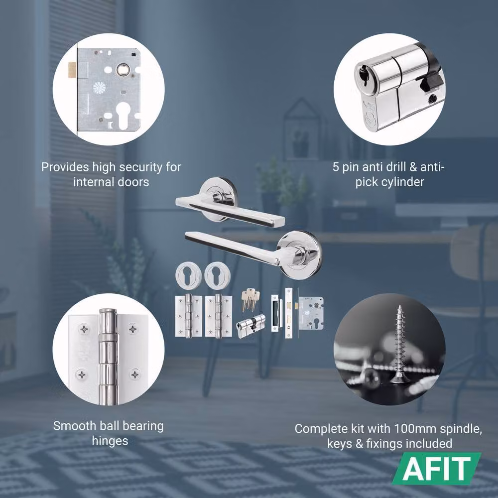 AFIT Chrome Door Handle Set with Euro Lock Cylinder, Latch, and Hinges in Silver – 2