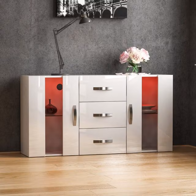 Vida Designs Astro Modern Glossy White 2 Door 3 Drawer LED Sideboard with Glass Details
