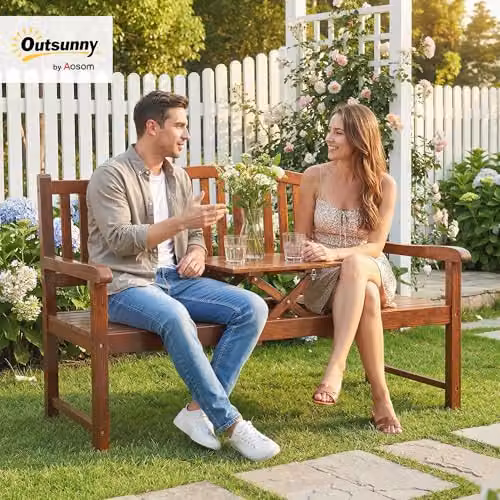 Outsunny Wooden Garden Loveseat with Armrests, Brown – 2