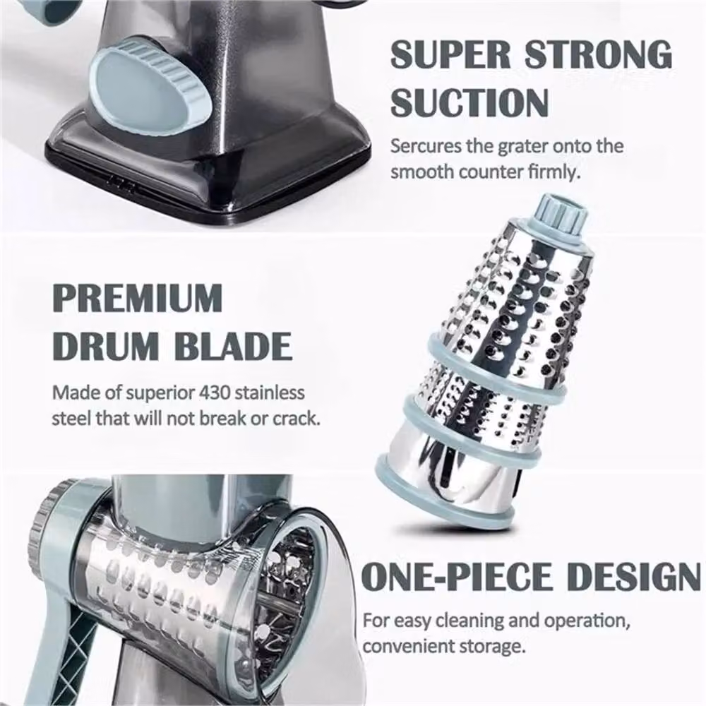 VOGREX 3-in-1 Manual Rotary Cheese Grater, Vegetable Slicer and Nut Grinder in Blue – 3