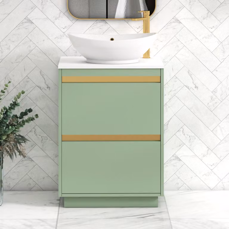 Royal Bathrooms Orion 600mm Mint Sage Floor Standing 2 Drawer Vanity Unit with Amaze Basin and Brushed Brass Accent Trim
