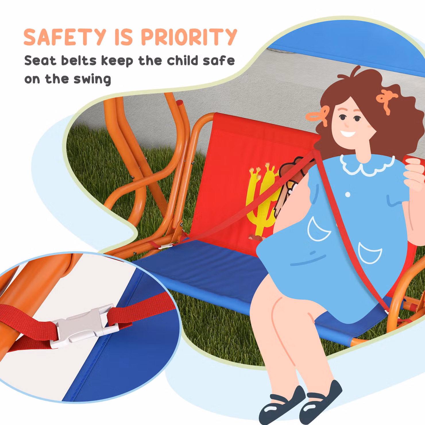 Outsunny Cowboy Themed Two Seater Kids Garden Swing Chair with Adjustable Canopy and Safety Belts – 4