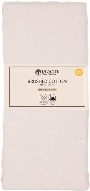 Divante Brushed Cotton Plain Fitted Flannelette Sheet in Sand, W/D/H: 200 x 200 cm