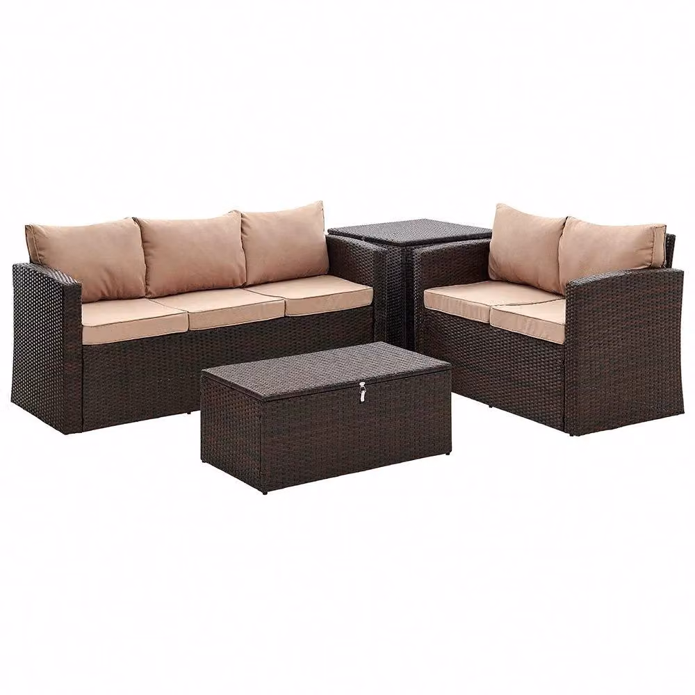 Home Detail Paloma L-Shape Rattan Garden Furniture Set with Ottoman Storage and Cushions in Brown and Grey – 2