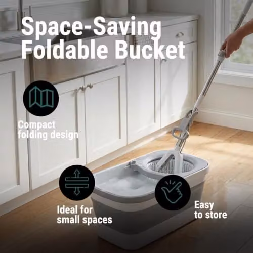 Gr8 Home Super Absorbent PVA Sponge Mop and Foldable Space Saving Bucket Set in Grey with Telescopic Handle – 4
