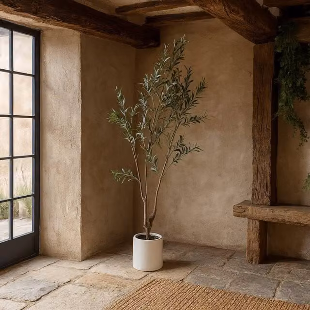 Wyld Haus 210cm Extra Tall Artificial Mediterranean Olive Tree in a White Ceramic Pot, Brown – 1