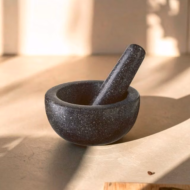 Orsina Speckled Charcoal Granite Round Tall Mortar and Pestle in Grey, Black and Anthracite
