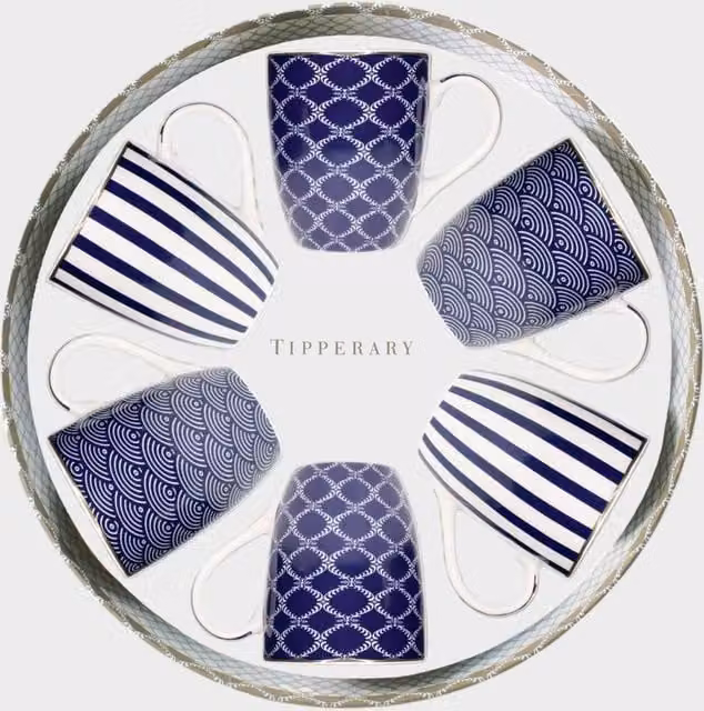 Tipperary Bone China Mug Gift Set of 6 in Blue and White Patterns