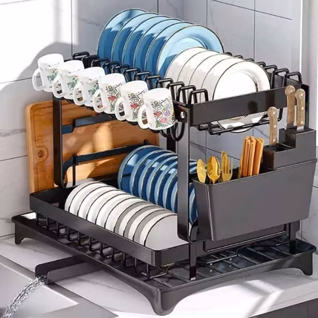 Kelvenix Two-Tier Kitchen Sink Dish Drainer Rack in Black with Cutlery Holder – 1