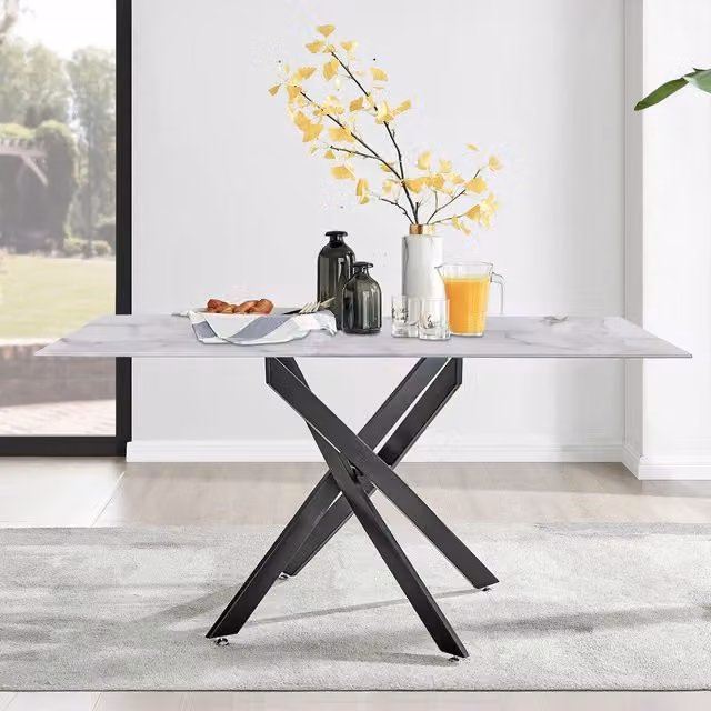 FurnitureboxUK Leonardo 6 Seat Dining Table with Grey Marble Effect White Glass Top and Black Metal Legs, W: 150 cm, D: 90 cm, H: 90 cm