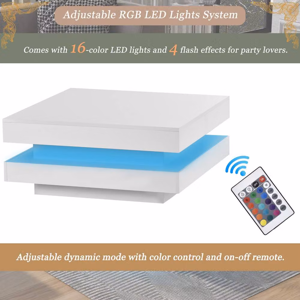 BTM Square LED Coffee Table with 360 Degree Rotating Top in White, W/D/H: 70 x 70 x 36 cm – 6