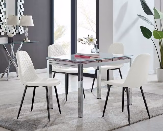 FurnitureboxUK Enna White Glass Extending Dining Table and 4 Corona Black Synthetic Leather Leg Chairs