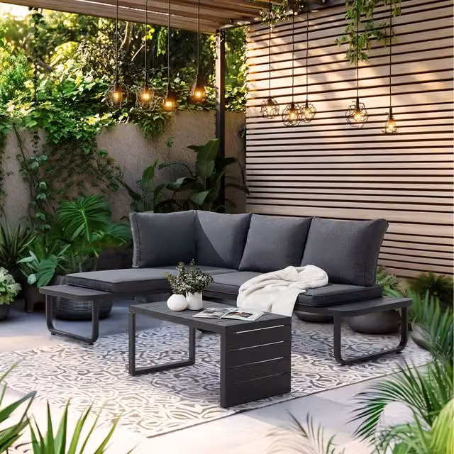 Sunjoy 3-Piece Grey Outdoor Garden Corner Lounge Set with Rattan and Metal Furniture