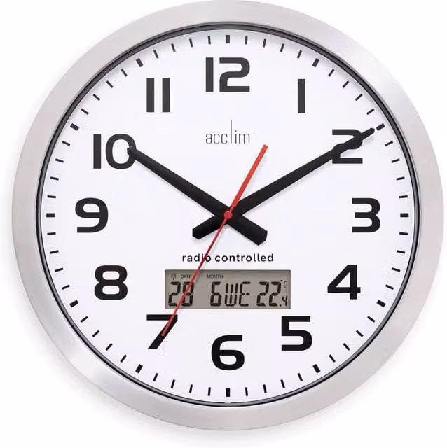 Acctim Meridian Radio Controlled Analog Wall Clock with LCD Date and Thermometer Display in Metallic Silver