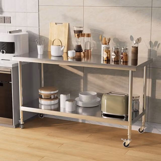 Livingandhome Rollable Two-Tier Stainless Steel Workbench in Silver, 150 cm