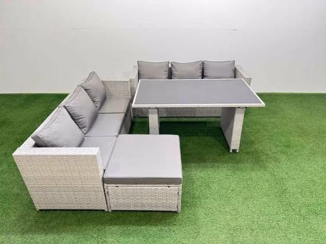 Fimous 7-Seater Patio Sofa Set with Rectangular Table and Large Stool in Light Grey