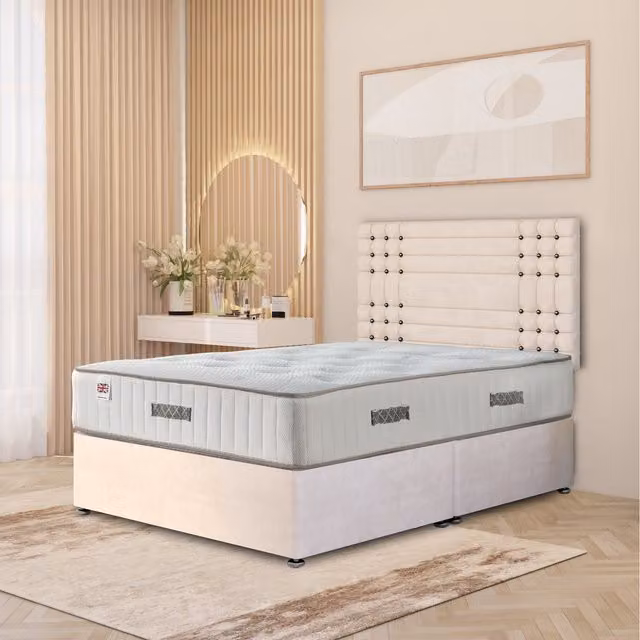 Somnior Beds Ltd Saville Plush Velvet Divan Bed Set with Headboard and Drawers, Ivory, W/D/H: 200 x 200 cm