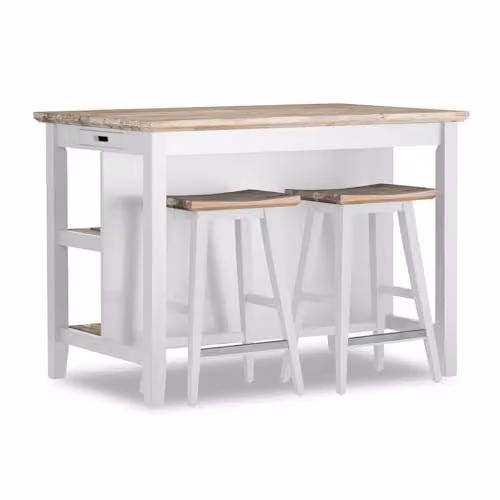 Statement Furniture Florence Breakfast Bar Kitchen Island with Acacia Wood Top and Slatted Shelves, White, W: 126 cm, H: 91 cm, D: 78 cm – 2