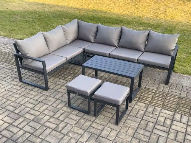 Fimous Aluminium Garden Furniture Set with L-Shape Corner Sofa, Oblong Coffee Table and 2 Ottomans in Dark Grey