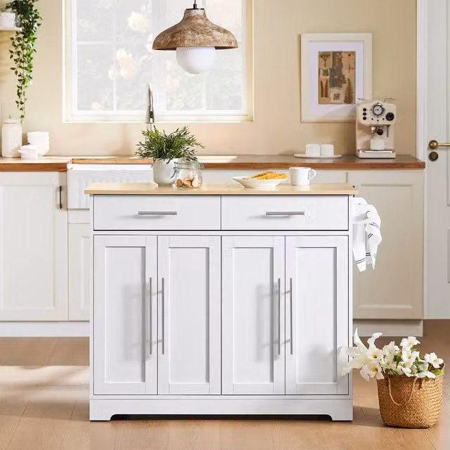 SoBuy Extendable Modern Kitchen Island with Wood Top in White