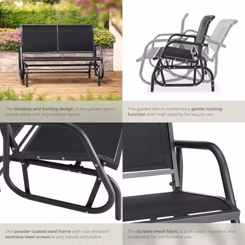 tectake Greta 2-Seater Garden Swing Bench in Black, Powder-Coated Steel and Textilene Fabric, W/D/H: 121 x 72 x 86.5 cm – 7