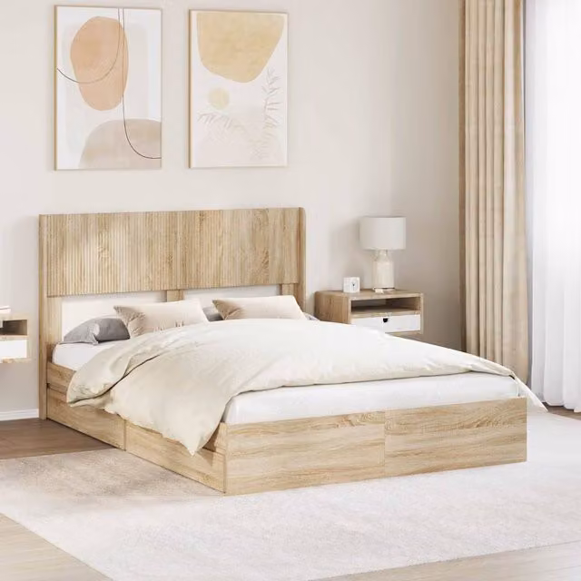 Berkfield Home Modern Bed Frame with Headboard and Side Compartment Storage in Sonoma Oak Brown, W/D/H: 140 x 190 cm