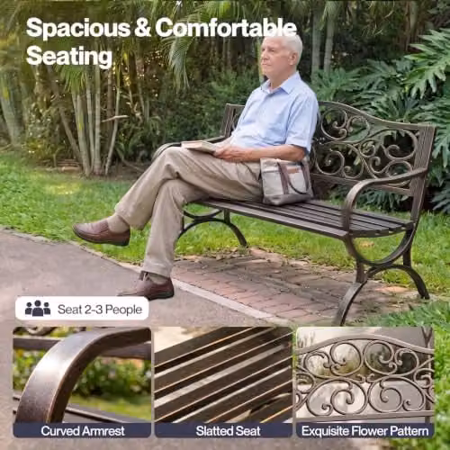 Levede Bronze Floral Pattern Metal Garden Bench – 5