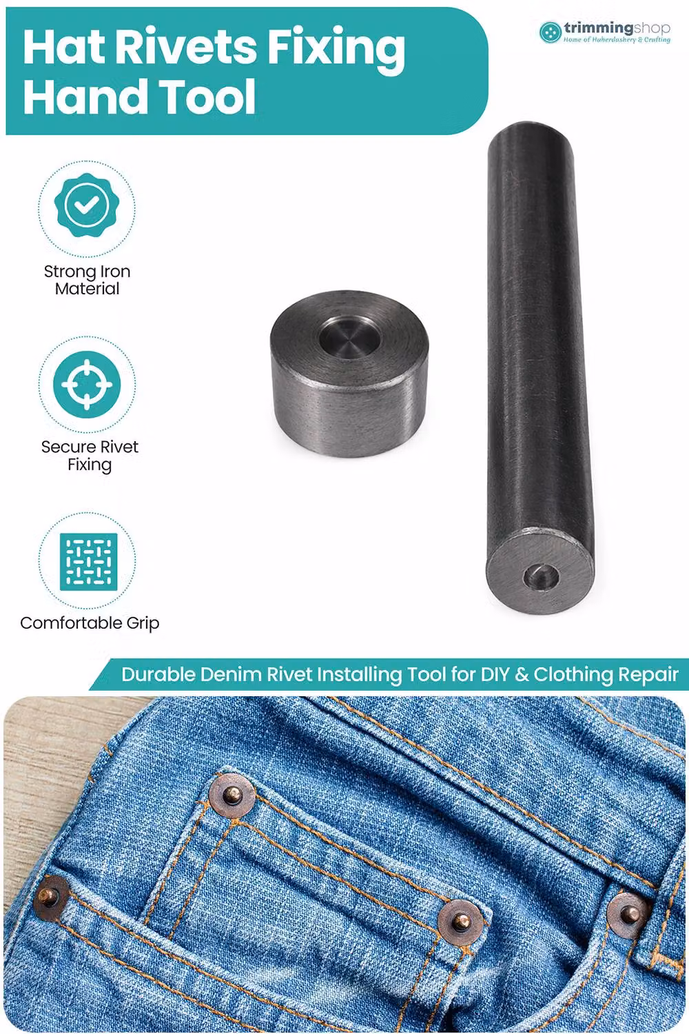 Neel Blue 9.5mm Flat Hat Rivet Fixing Hand Tool and Denim Rivet Button Setting Tool in Silver and Blue – 2