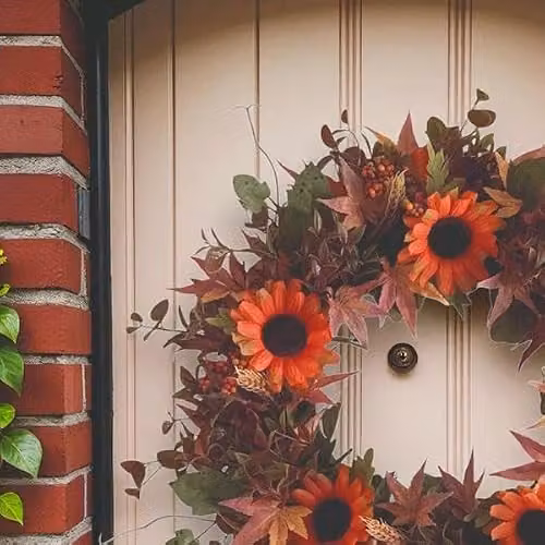 Straits Autumn Gerbera Artificial Flower Door Wreath in Orange and Brown, Diameter: 40 cm – 2