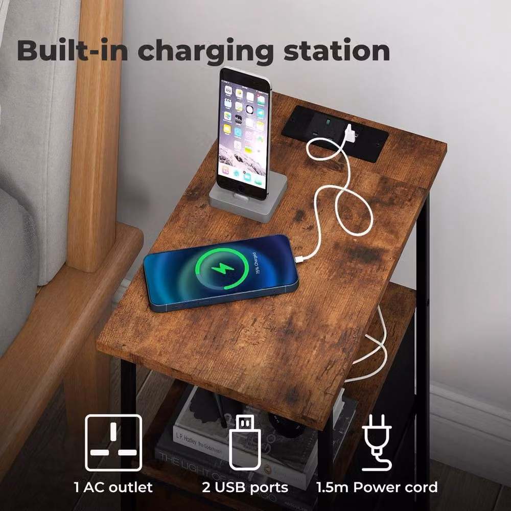 FORGEVIO Brown Industrial Bedside Table and Side Cabinet with Charging Station – 4