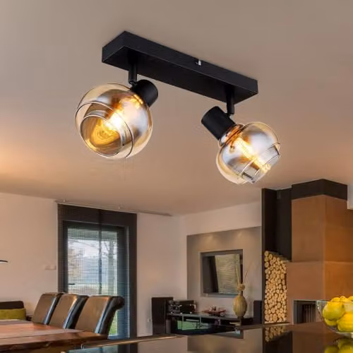 Netlighting Tokki Twin Ceiling Spotlight in Matt Black with Amber Glass Shades, 2x E14 – 2