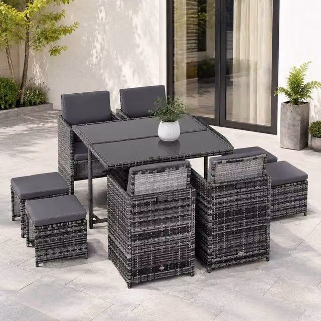 STILVORA 8-Seater Modern Rattan Dining Set with Grey Cushions and Metal Frame – 1