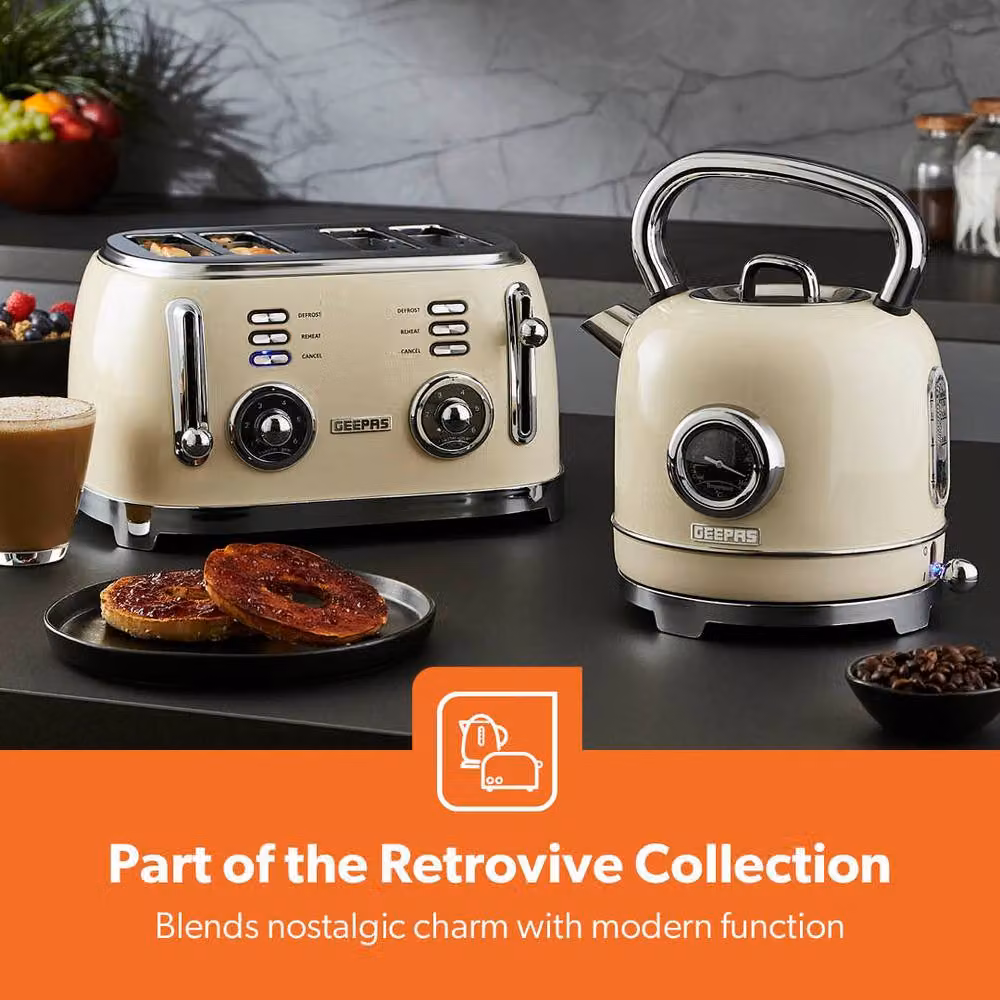 Geepas Retrovive Kitchen Combo Set in Cream featuring 20L Digital Microwave, 1.8L Electric Kettle, 4 Slice Toaster and 2-in-1 Jug Blender – 2