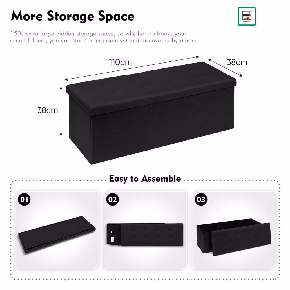 Dprodo Linen Folding Storage Ottoman and Foot Rest Stool in Black, W/D/H: 110 x 38 x 38 cm – 3