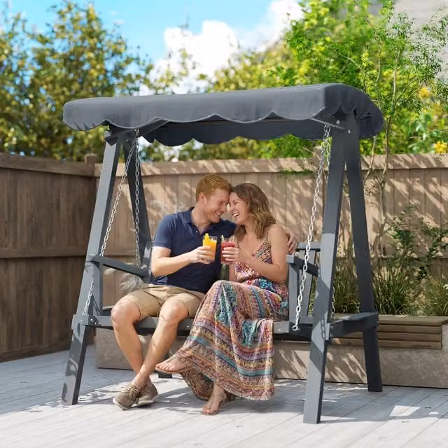 Outsunny 2 Seater Grey Garden Swing Seat with UV-Resistant Sun Canopy and Treated Larch Wood