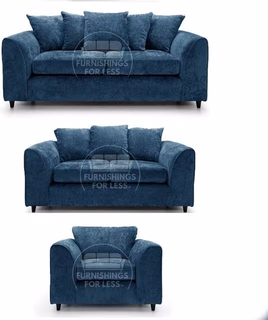 Furnishings For Less UK Monaco Blue Chenille Fabric 3 Piece Sofa Suite with 3 Seater, 2 Seater and Armchair – 1
