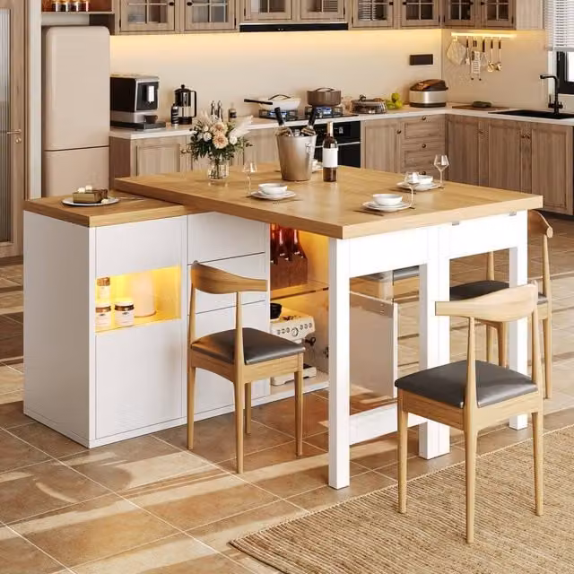 Merax White Extending Kitchen Island Dining Table with LED and Glazed Doors – 1