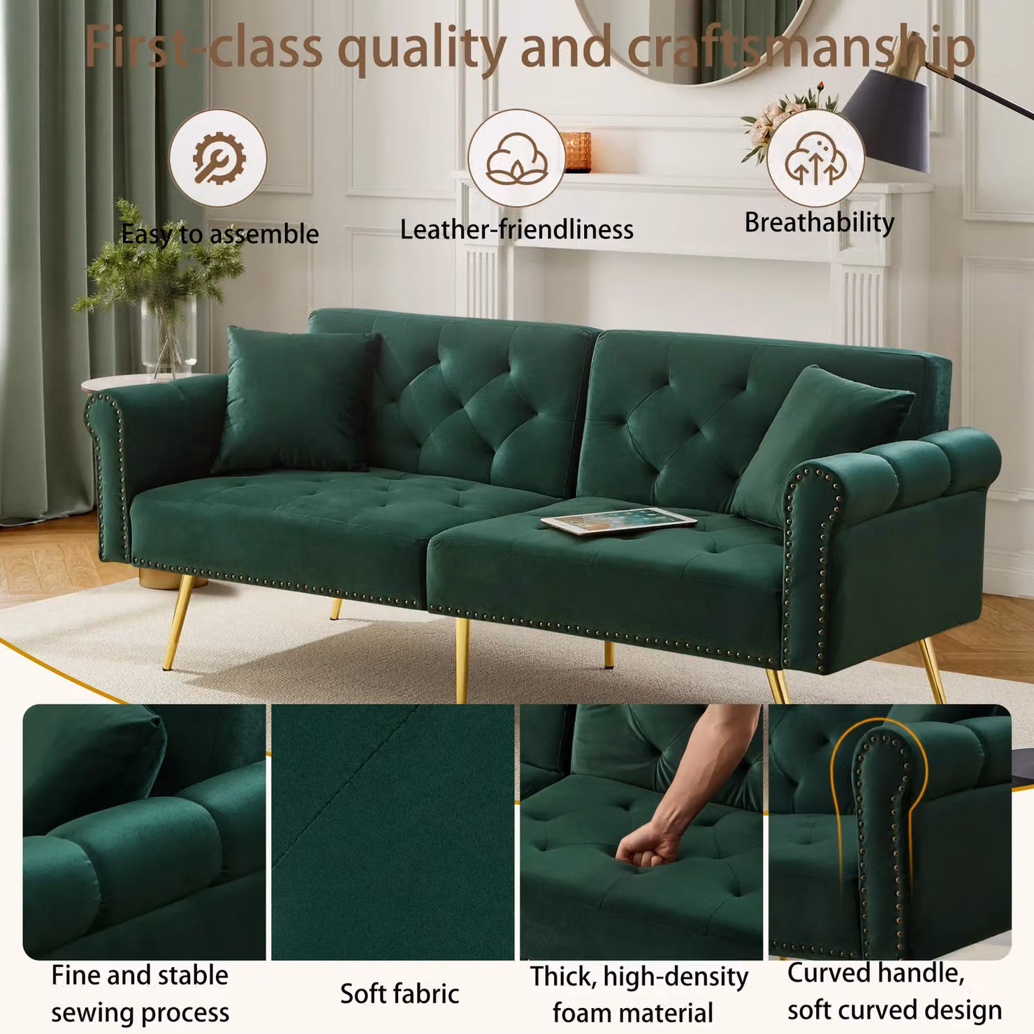 Matteo 2-Seater Velvet Sofa Bed with Click-Clack Mechanism and Gold Metal Legs in Green – 6