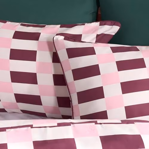 OHS Checkerboard Microfibre Double Duvet Cover and Pillowcase Set in Pink and Red, W/D/H: 200 x 200 cm – 4