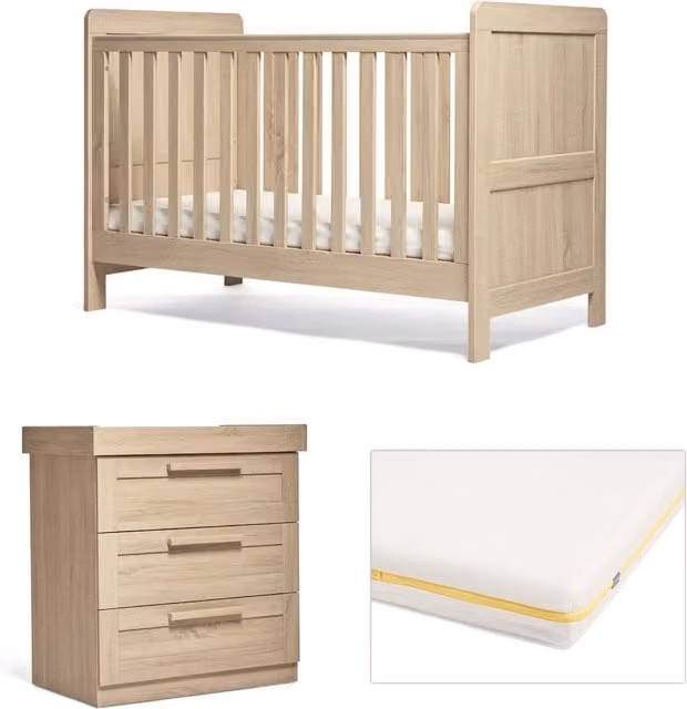 Mamas & Papas Atlas Nursery Furniture Set and Essential Airflow Pocket Spring Cotbed Mattress Bundle in Light Oak with Beige Mattress