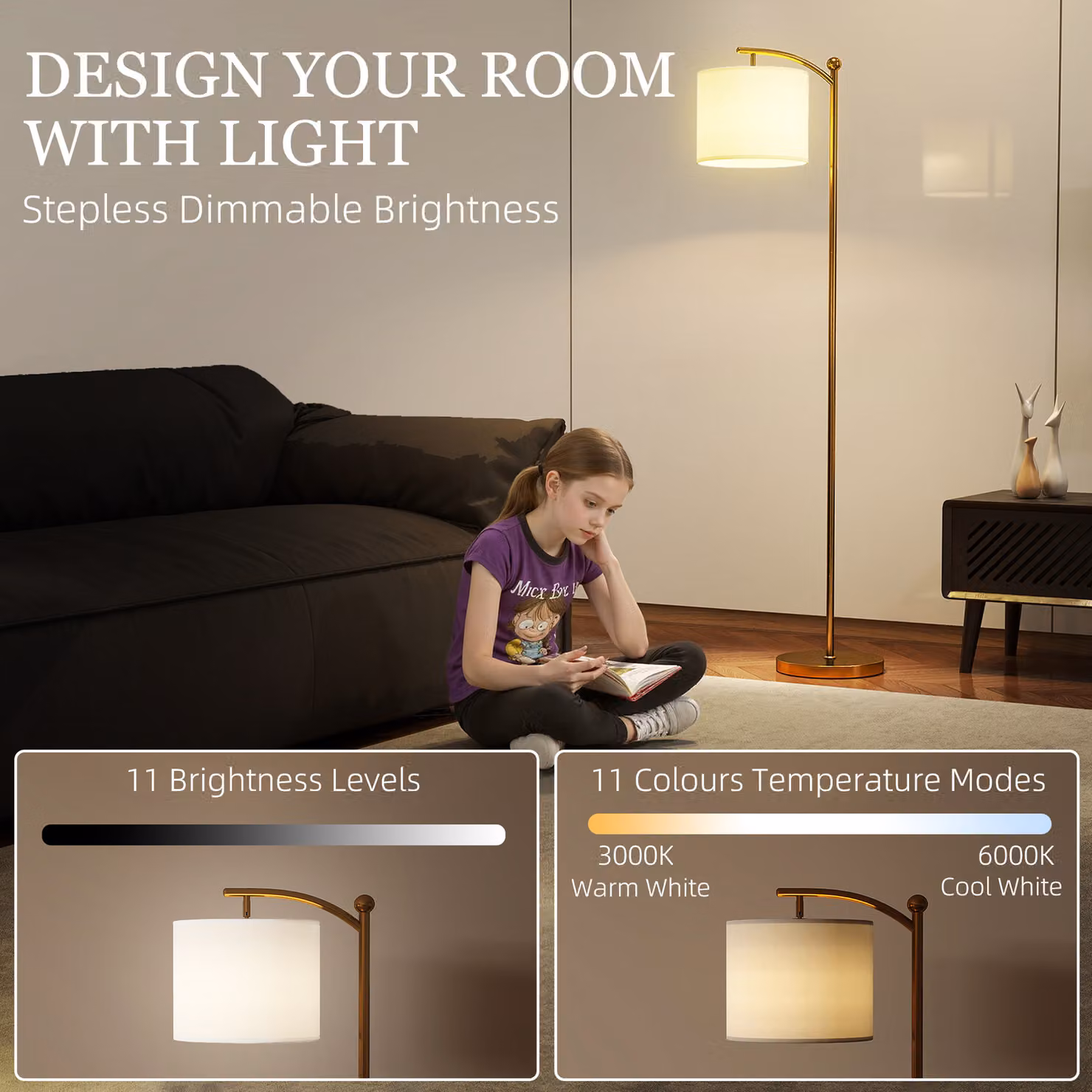 HOMCOM LED Floor Lamp with Remote Control, Dimmable and Timer Function, Gold/Brass Metal and Fabric Cylinder Design – 3