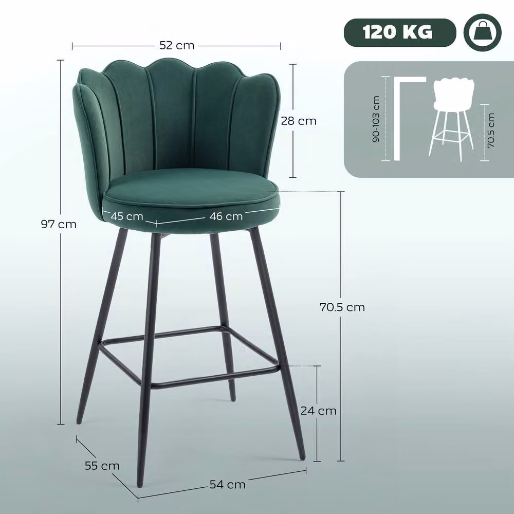 STILVORA Set of 2 Modern Velvet Bar Stools in Dark Green with Matt Metal Legs – 2
