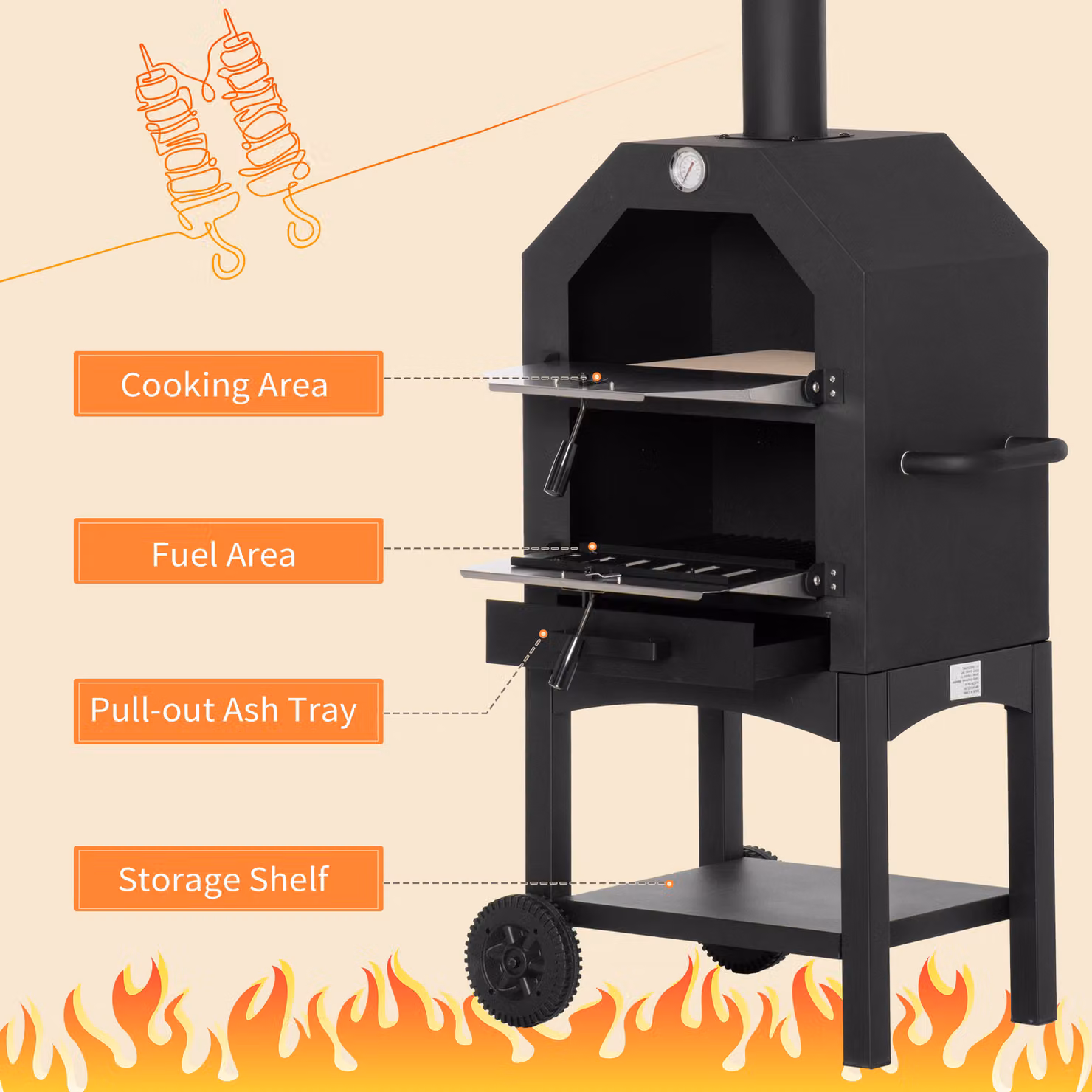 Outsunny Charcoal Pizza Oven and 3-Tier Freestanding BBQ Grill in Black and Silver with Chimney, Thermometer and Wheels – 7