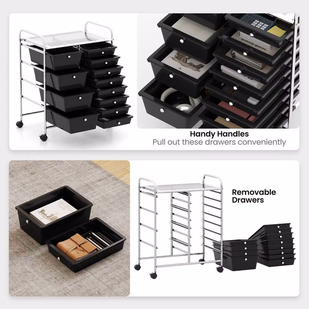Costway Black Multi-Purpose Metal Utility Storage Cart with Castors and 2 Drawers – 8