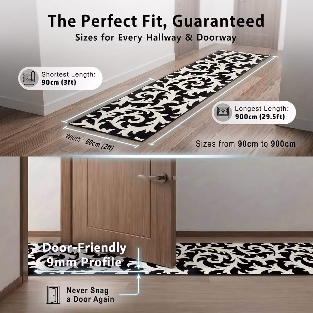 Bravich LTD Filigree Floral Non-Slip Low Pile Hallway Runner Rug in Black, W: 60 cm, L: 720 cm – 8