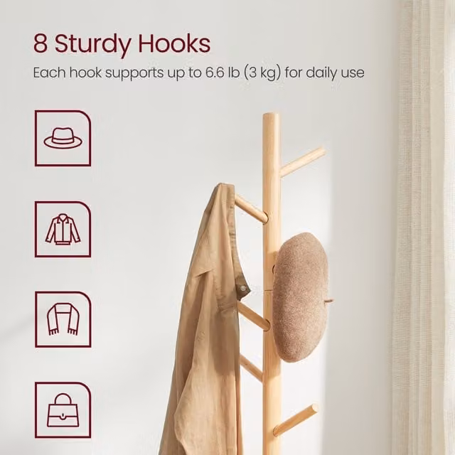 VASAGLE Scandinavian Solid Wood Tripod Coat Rack with 8 Hooks in Yellow