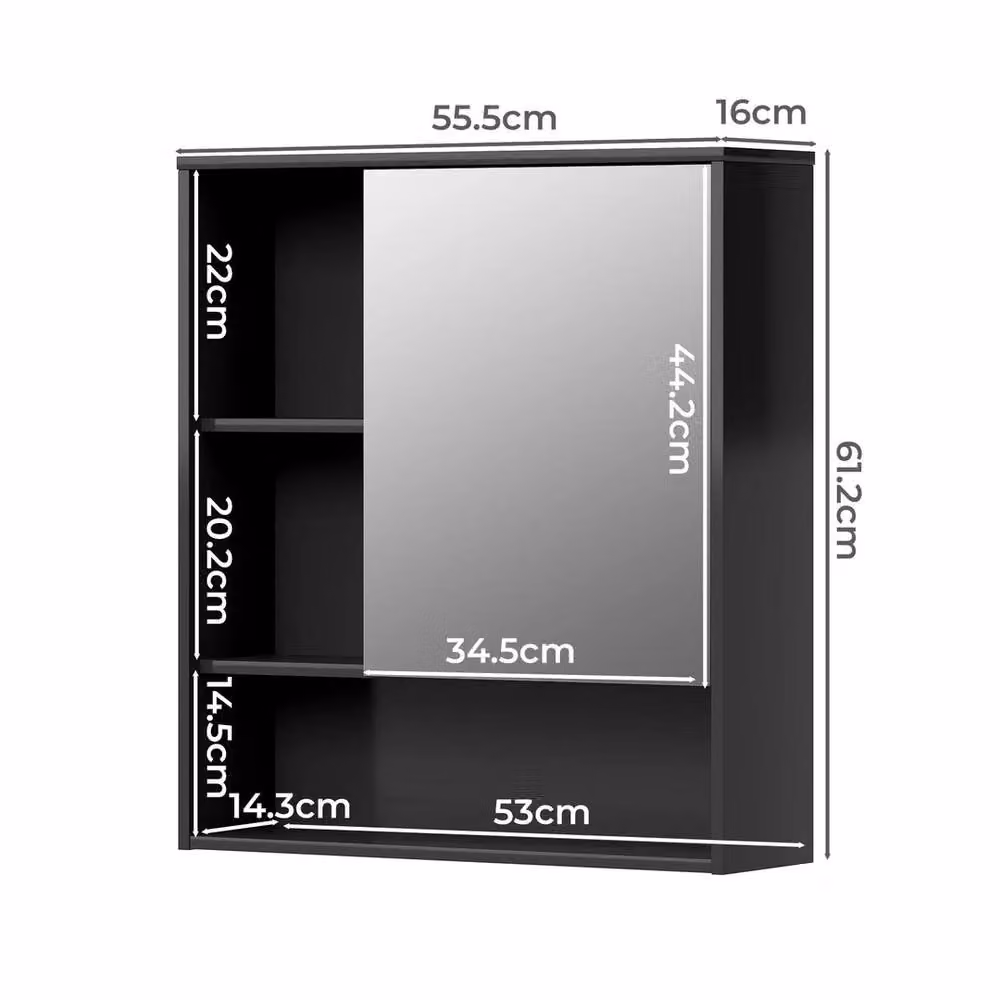 VOGREX Black Modern Wall Mounted Bathroom Mirror Cabinet with Open Shelf – 2
